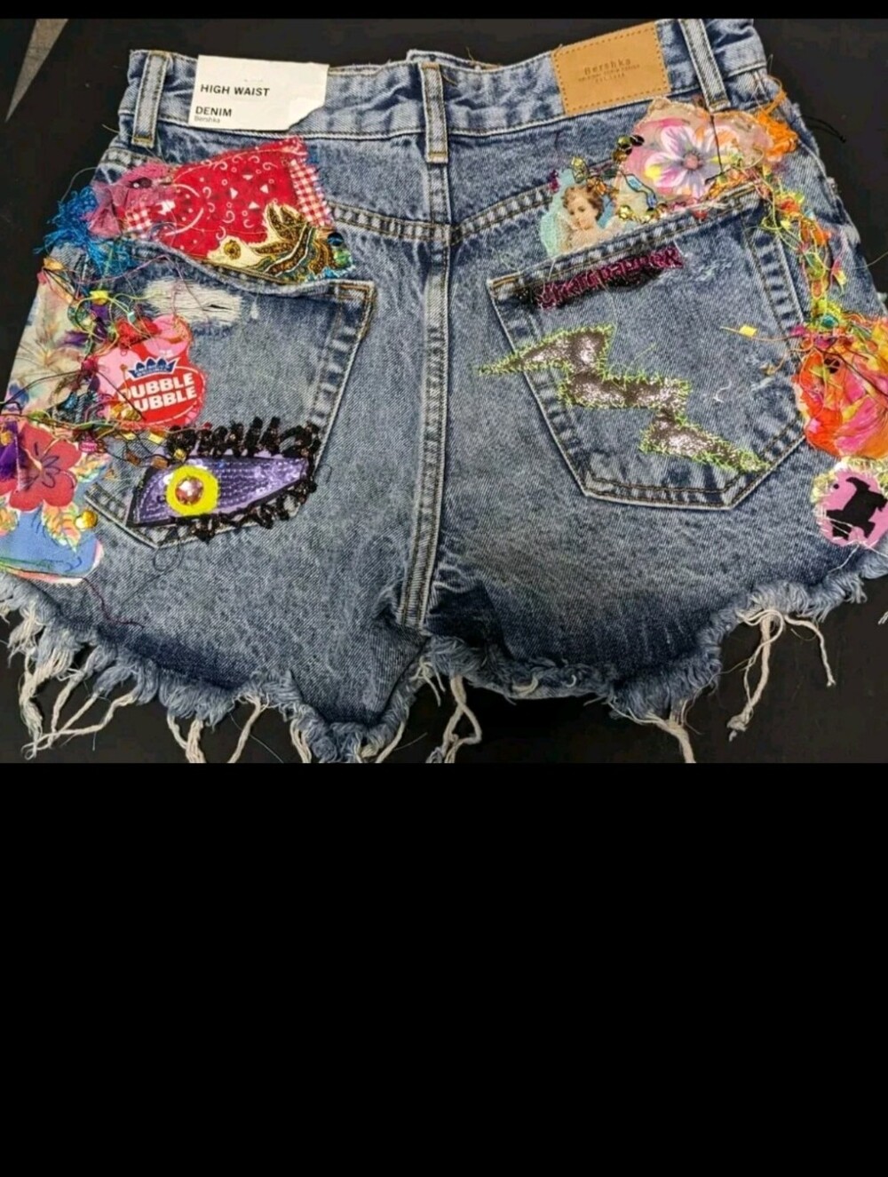 Distressed Embroidered Denim Shorts High Waisted New Patchwork Hippie - Picture 2 of 10